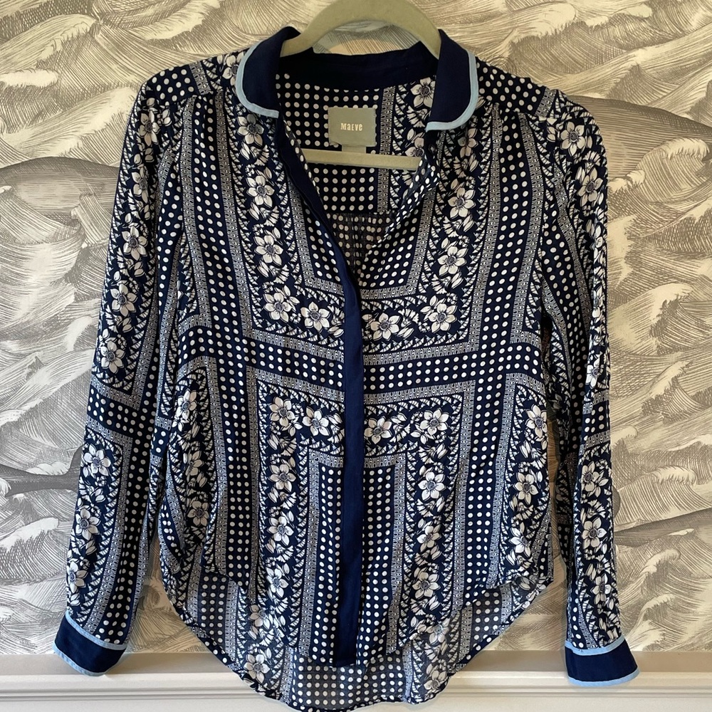 MAEVE Anthropologie blue and white block print. Size 0, excellent condition!